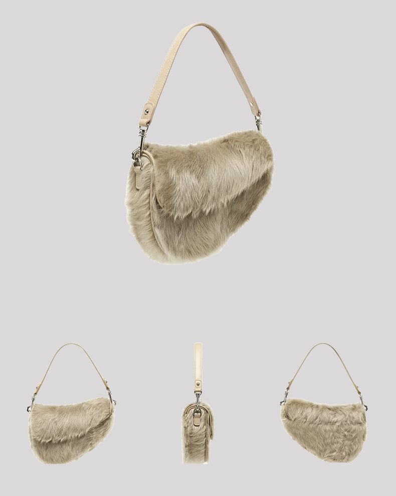 Angled, side, and back views of beige faux fur shoulder bag by Bafelli showing textured material and detachable strap