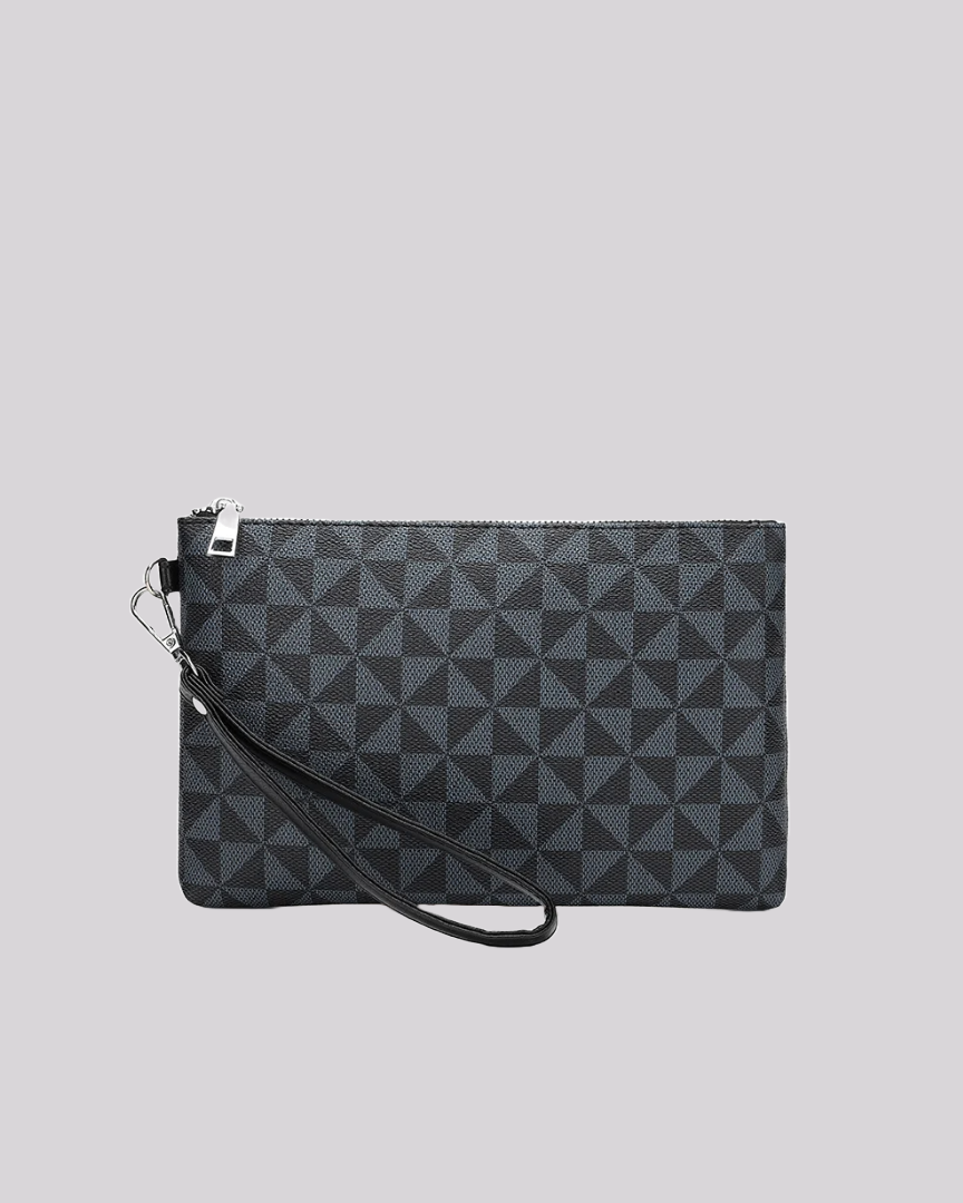 Front view of black wristlet pouch with geometric triangle pattern and zipper closure