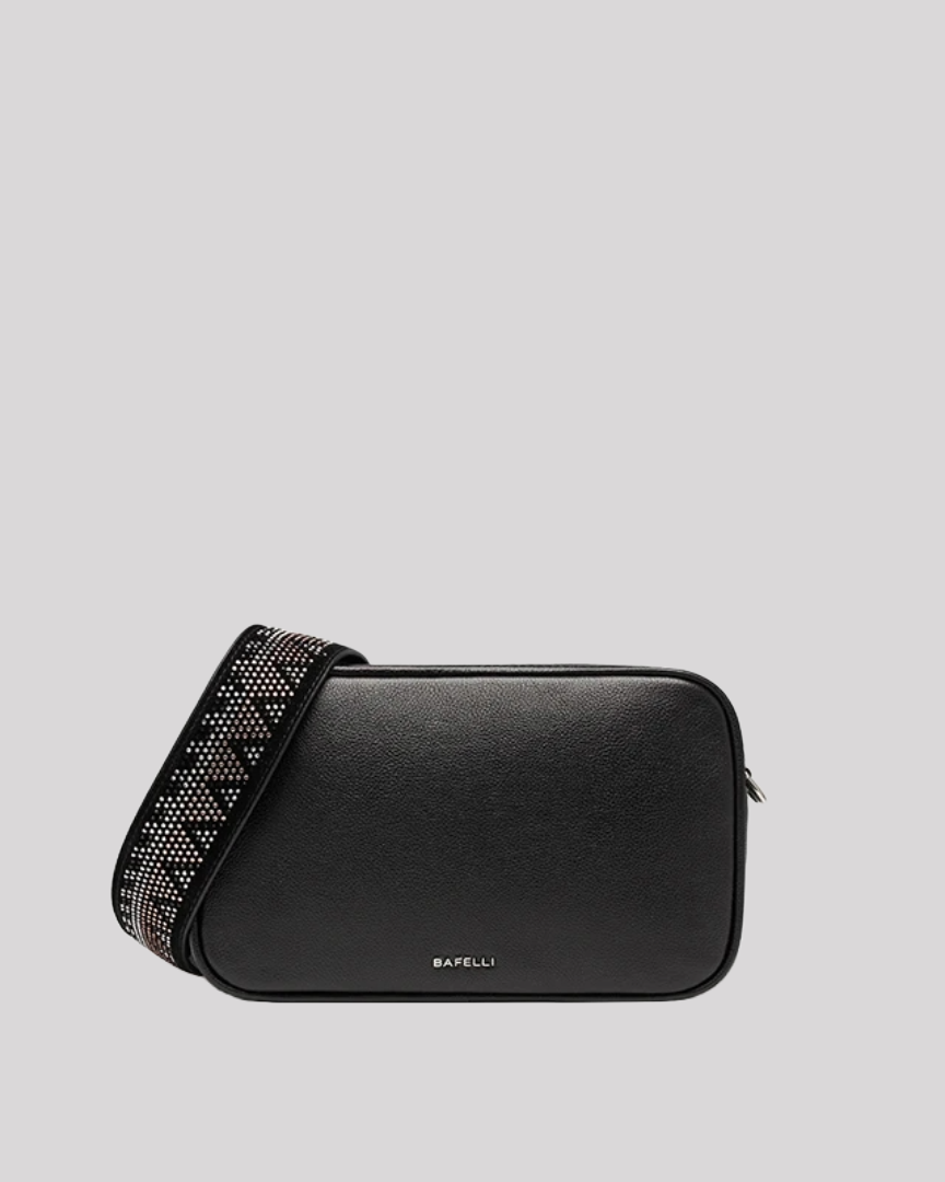 Front view of black leather crossbody bag by Bafelli with logo and wide crystal-studded strap