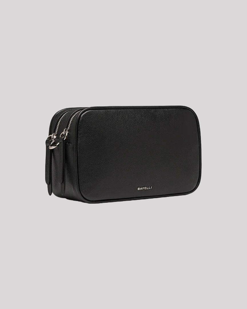 Side angle of structured black leather crossbody bag by Bafelli with dual zip compartments
