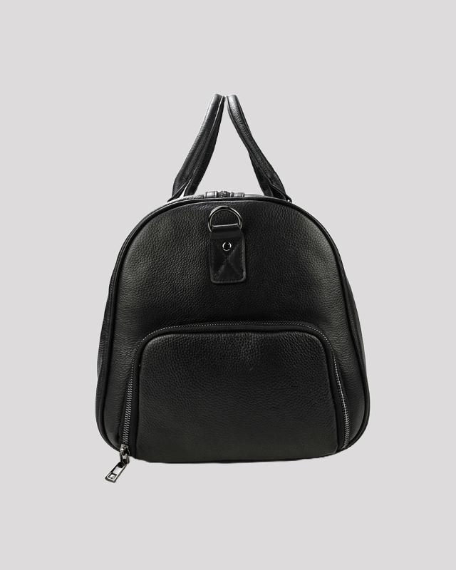 Black leather travel duffel bag – side view with zip pocket