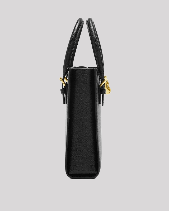 Slim side profile of black tote bag by Bafelli showing depth and clean stitching with structured design