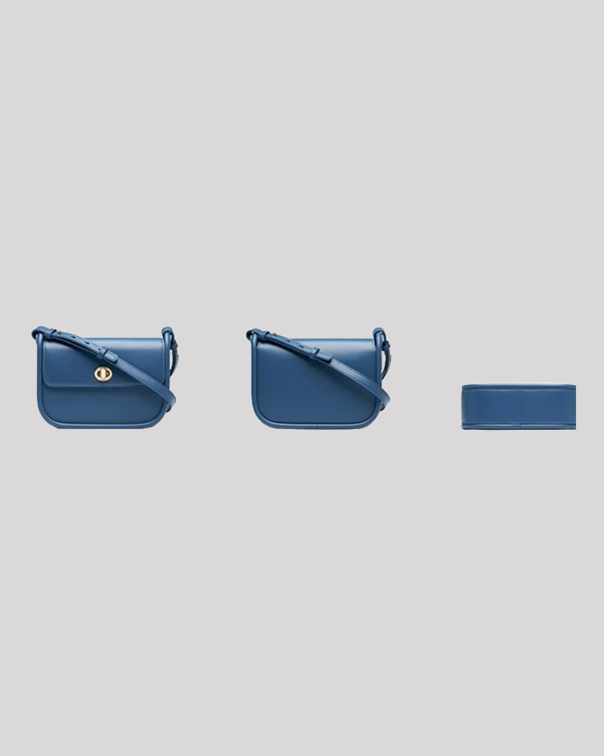 Multiple views of blue leather shoulder bag by Bafelli including front, back, and bottom profiles