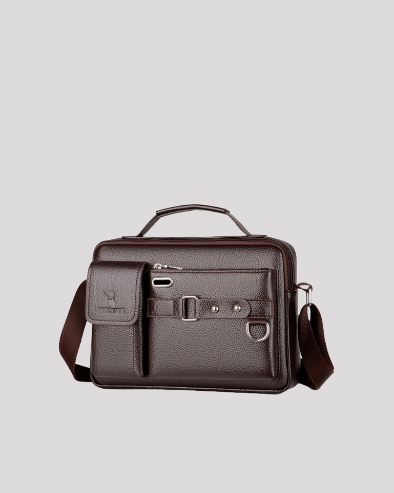 Brown leather messenger bag with handle and strap – angled product view