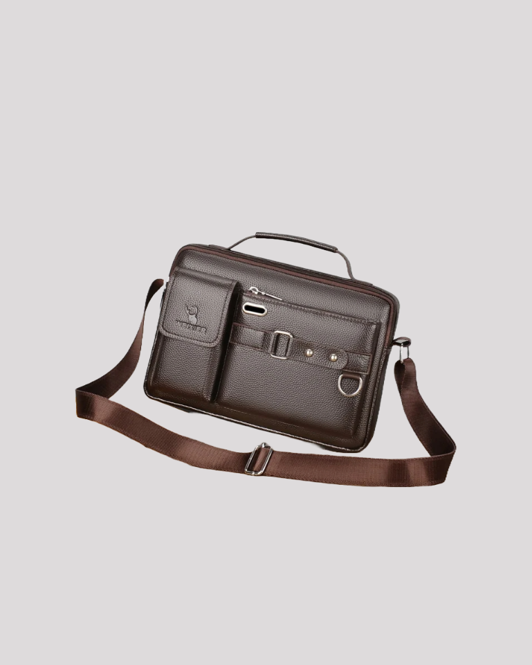 Brown leather messenger bag with shoulder strap – flat lay view