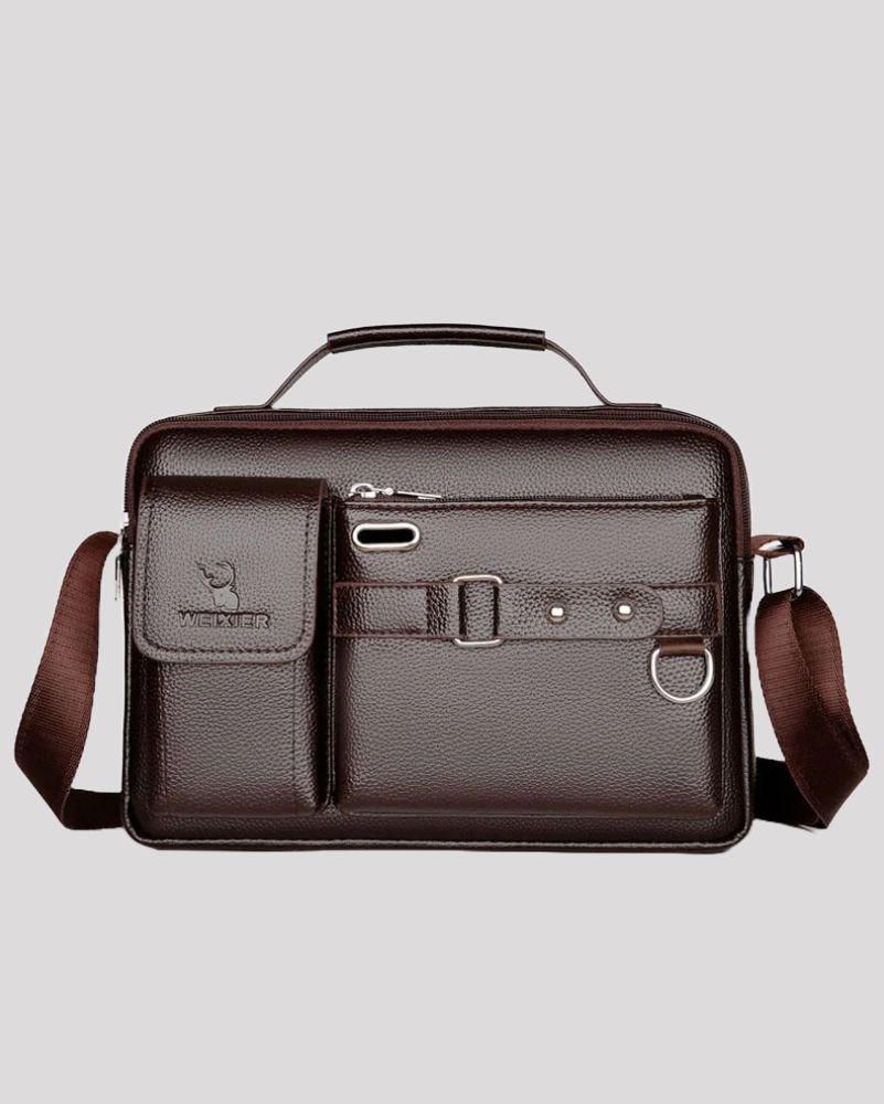 Brown leather messenger bag with front pockets and shoulder strap – front view