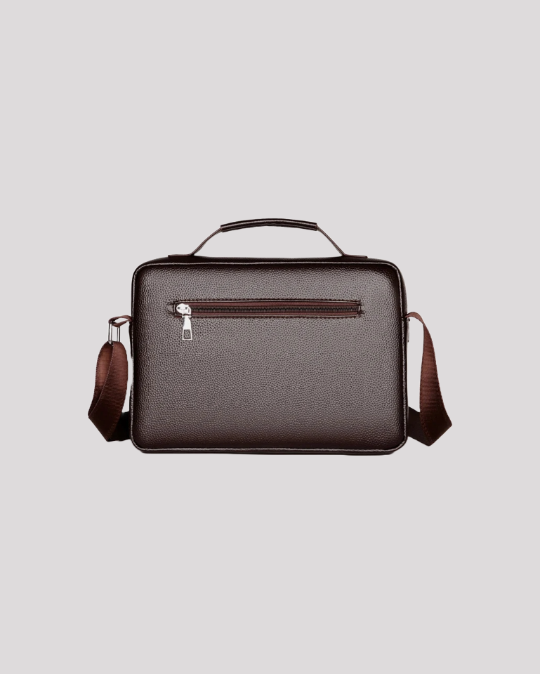 Coffee brown leather messenger bag with zipper pocket – back view