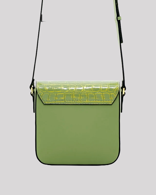 Back view of green croc-embossed shoulder bag by Bafelli with smooth leather panel and flap design