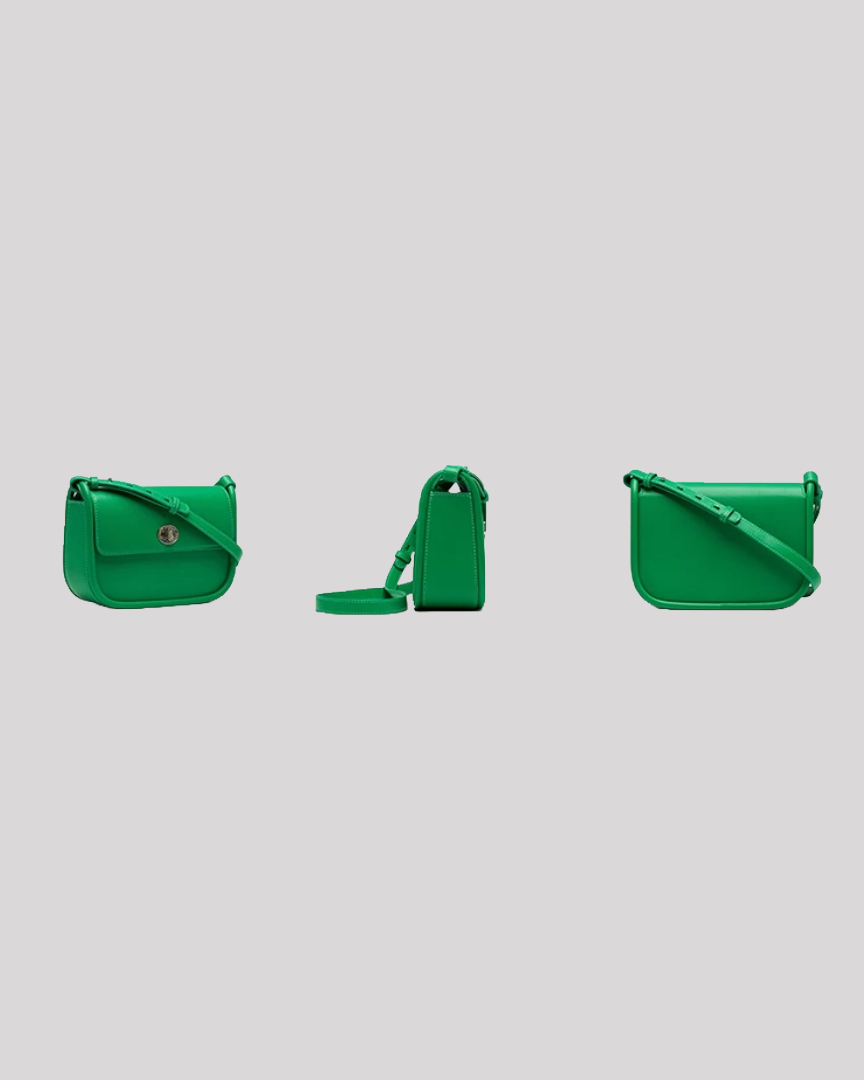 Back and side views of green leather shoulder bag by Bafelli showcasing minimalist design and smooth leather finish