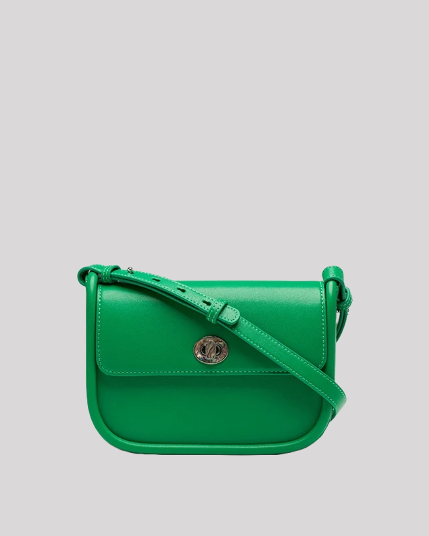 Front view of green leather shoulder bag by Bafelli with gold-tone clasp and adjustable strap