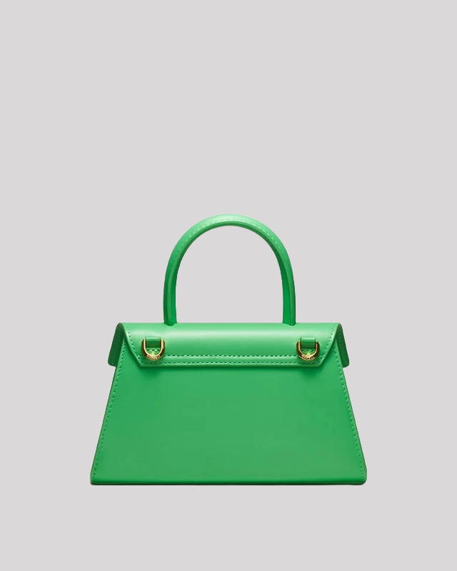Back view of green mini top-handle bag by Bafelli with gold-tone strap rings and clean design