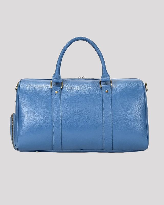 Full back view of men’s blue leather travel duffle bag – smooth leather finish