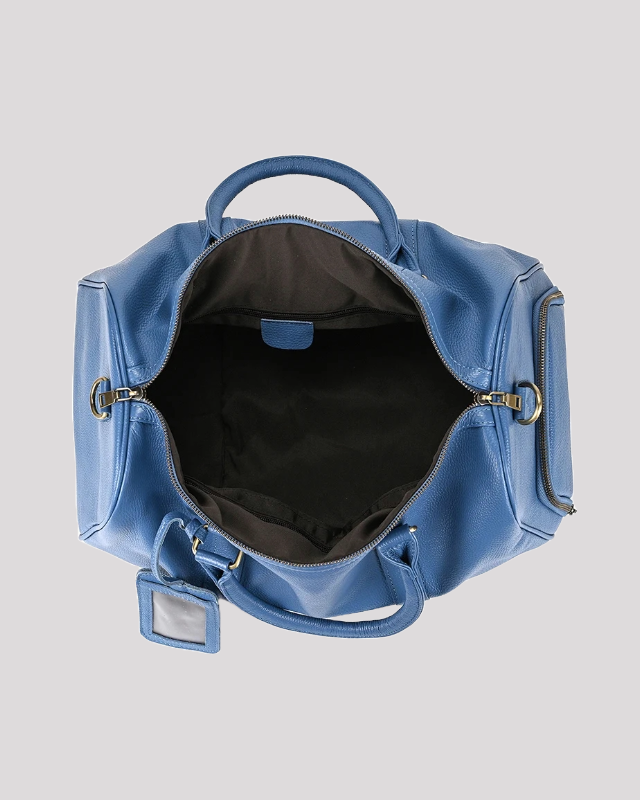 Men’s blue leather travel duffle bag – top view of spacious empty interior