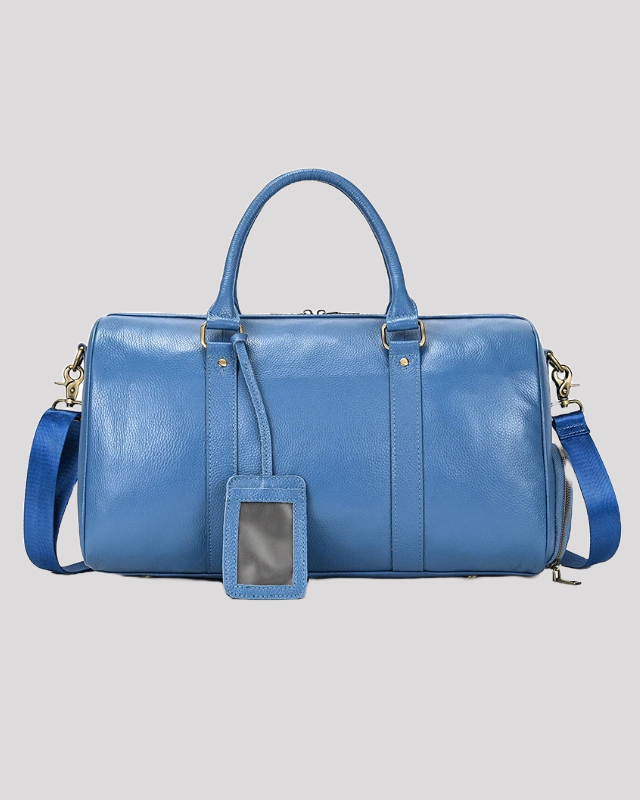 Men’s blue leather travel duffle bag with shoulder strap – front view