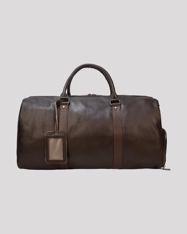 Men’s brown leather duffle bag with top handles – front view