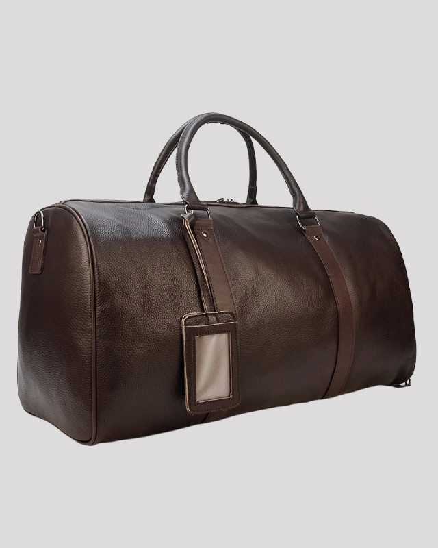 Men’s brown leather duffle bag with detachable shoulder strap – side angle