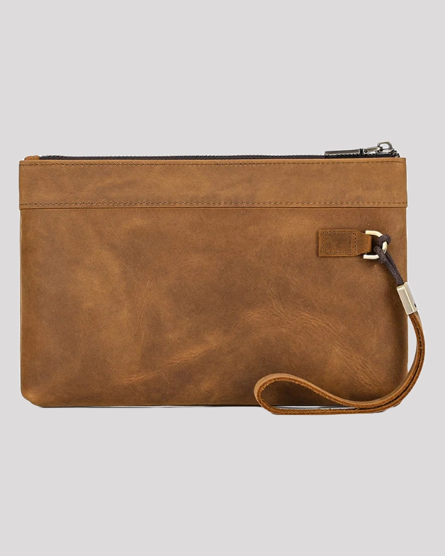 Mocha brown leather clutch bag with wrist strap – back view