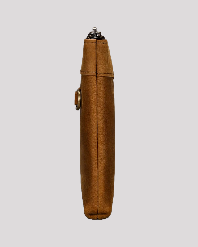 Slim side profile of mocha brown leather clutch bag with zipper