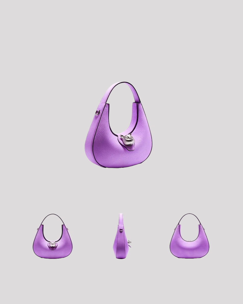 Multiple angled views of purple leather hobo bag by Bafelli – front, side, and back profiles