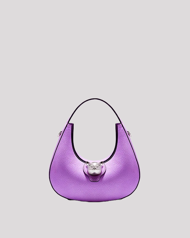 Front view of purple leather hobo bag by Bafelli with silver cat clasp and pebbled texture