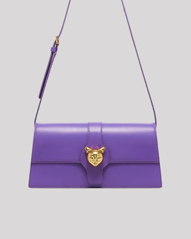 Front view of purple leather shoulder bag by Bafelli with gold cat-head clasp and structured design