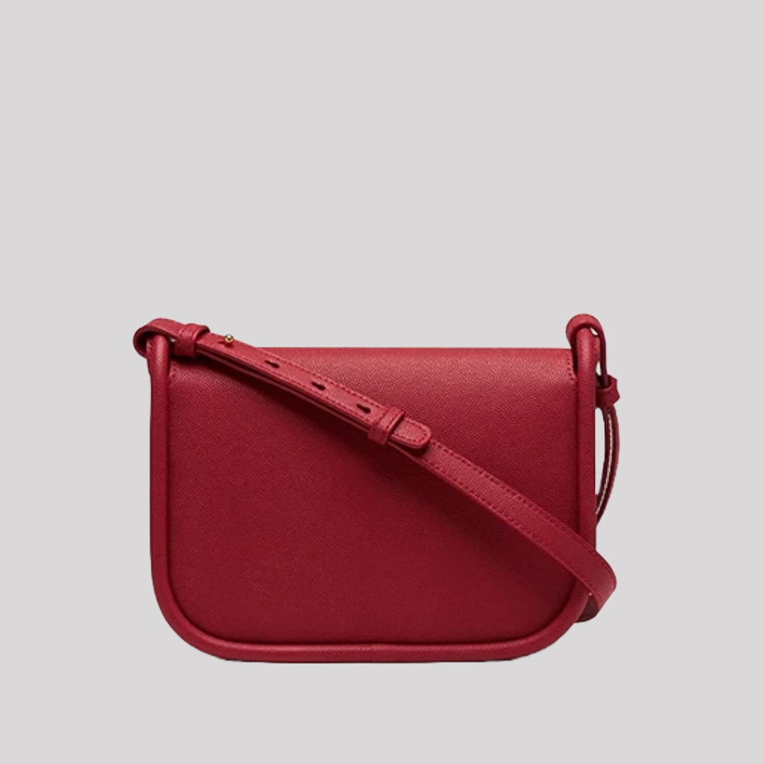 Back view of red crossbody bag by Bafelli with clean stitching and adjustable shoulder strap