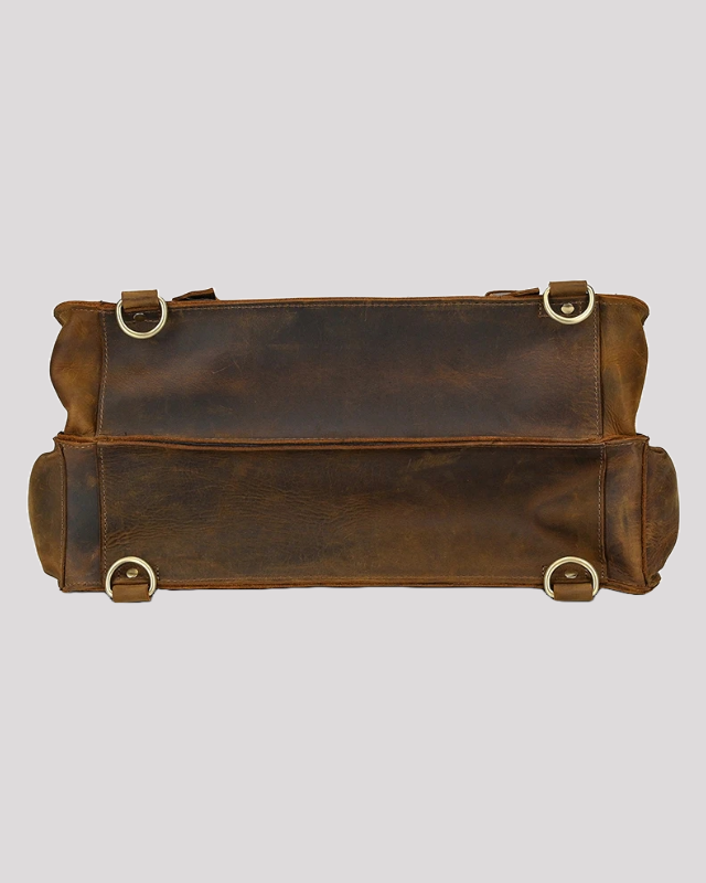 Vintage brown leather messenger bag – flat bottom view with metal rings