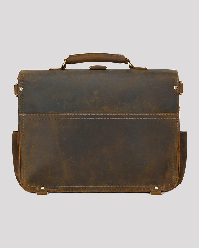 Vintage brown leather messenger bag – full back view with handle