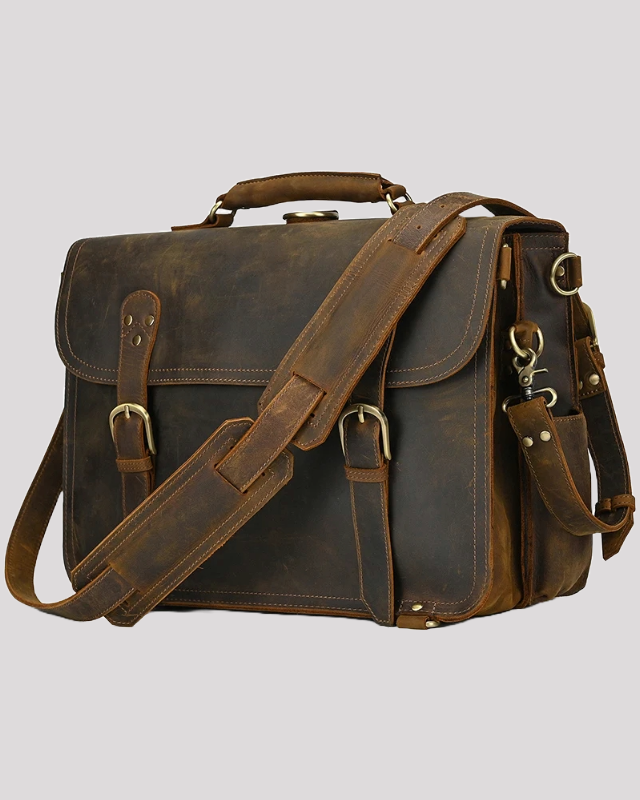 Vintage brown leather messenger bag with adjustable shoulder strap