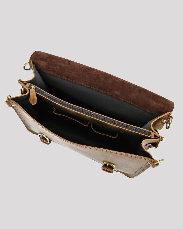 Open top view of vintage mocha leather messenger bag with multiple compartments