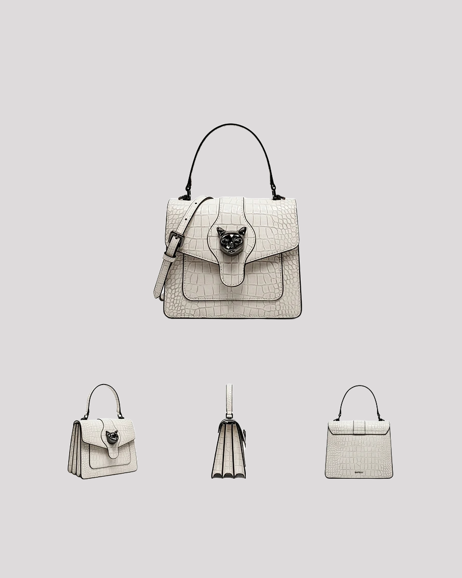 Multiple angles of white croc-embossed handbag by Bafelli with cat head clasp – front, side, back, and angled views
