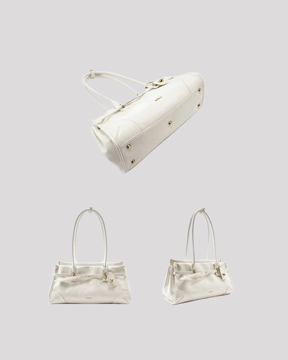 White leather shoulder bag by Bafelli shown from bottom and side angles – with gold hardware and structured design