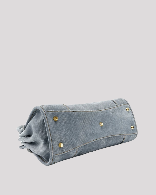 Women’s blue leather tote bag by Bafelli – bottom view with protective gold studs