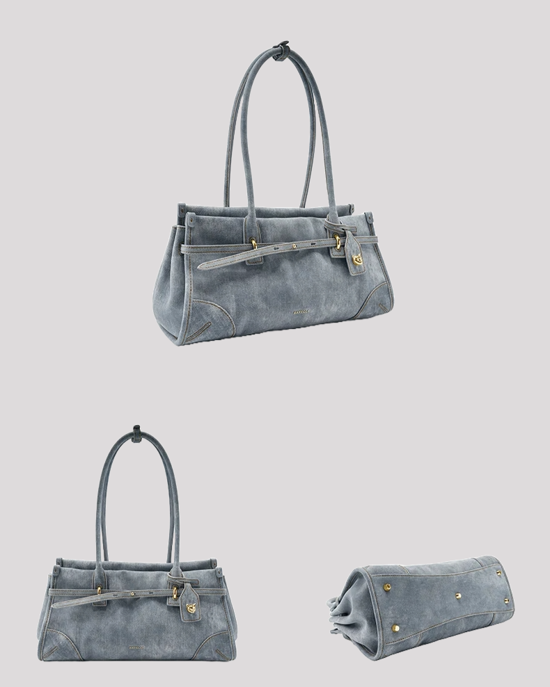 Women’s blue leather tote bag by Bafelli – multiple angles showing front, side and bottom