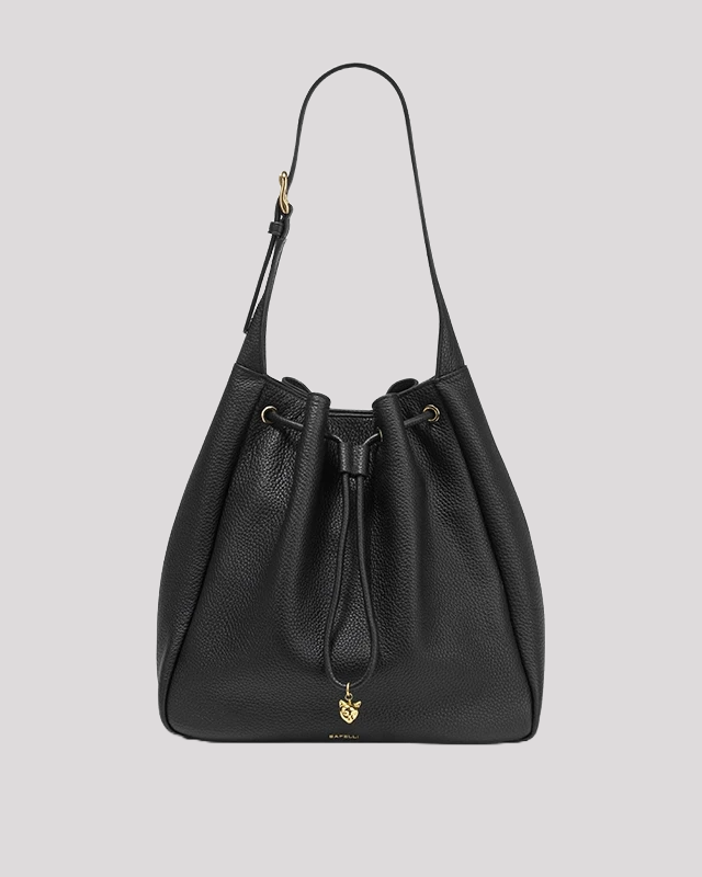 Women’s bucket bag by Bafelli in black leather – elegant handbag with adjustable shoulder strap, front view