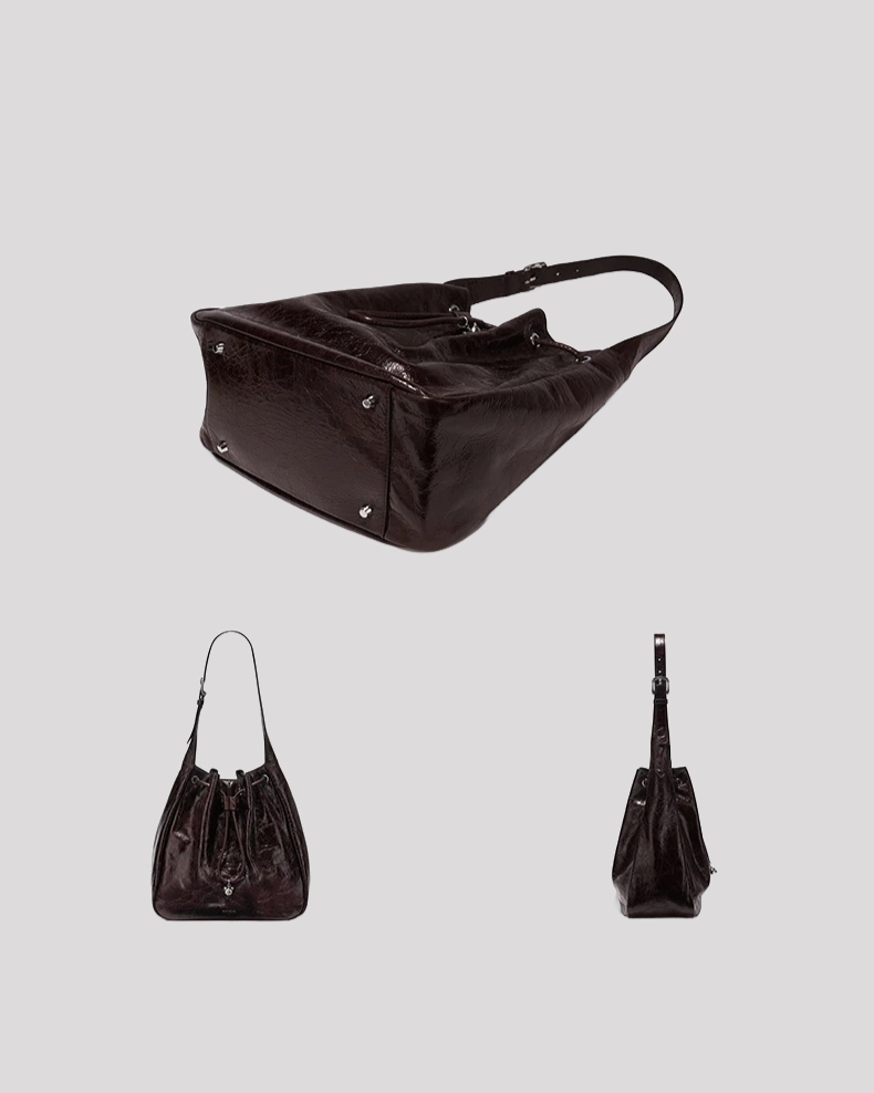 Women’s bucket bag by Bafelli in brown leather – side view, bottom view and front view of the elegant handbag