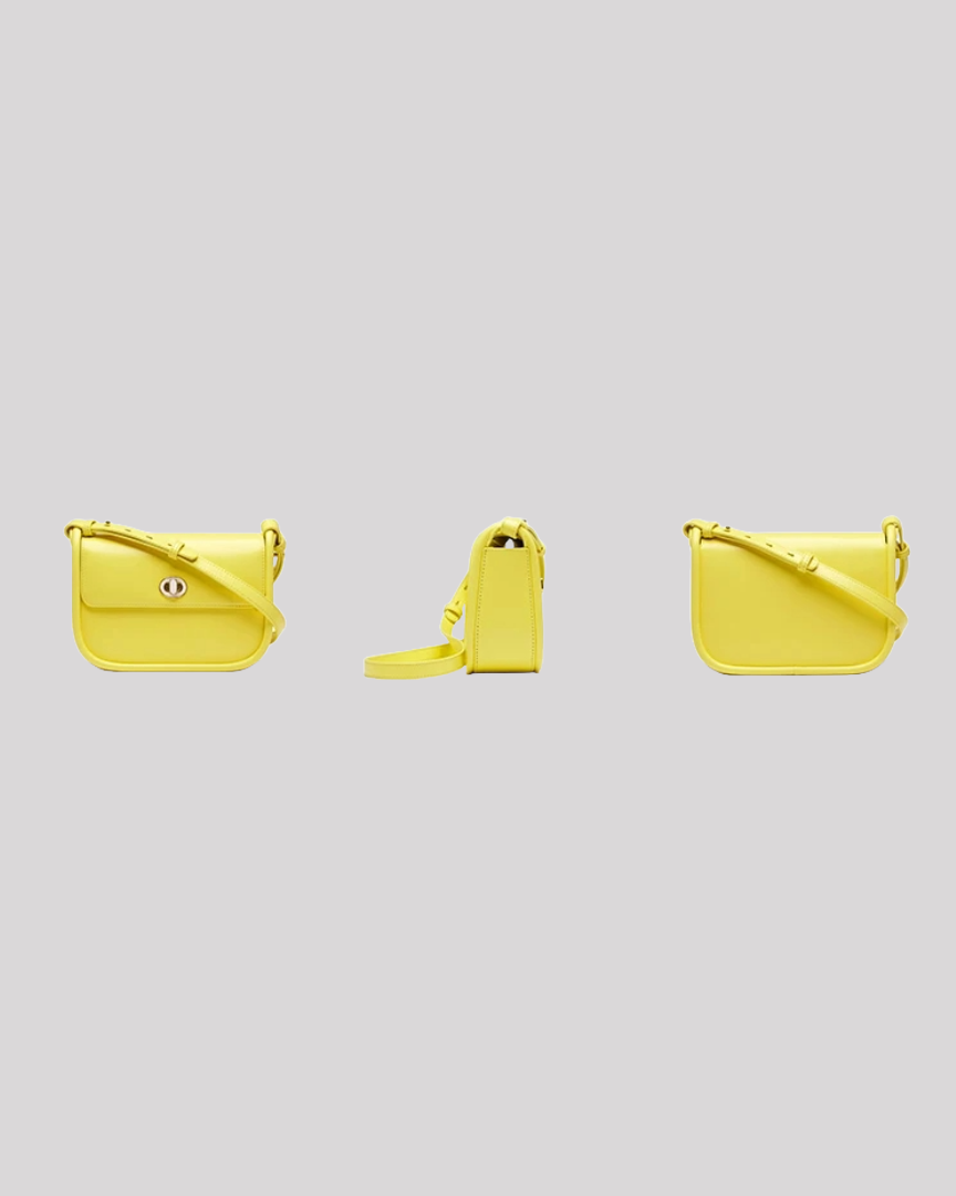 Multi-view of yellow leather shoulder bag by Bafelli showing front, side, and back profile with strap