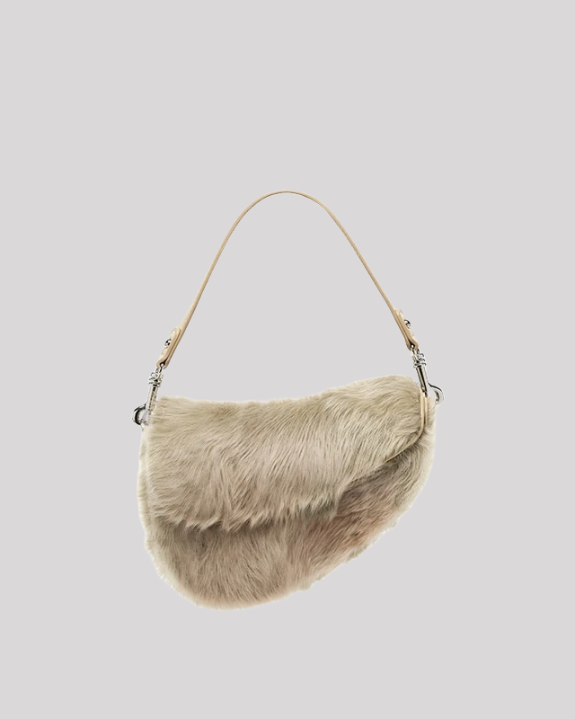 Front view of beige faux fur shoulder bag by Bafelli with short leather strap and fluffy soft design