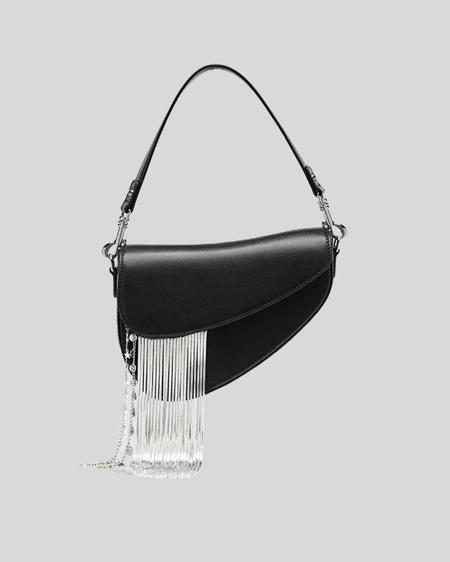 Front view of black asymmetric shoulder bag by Bafelli with silver fringe chain detail and short strap