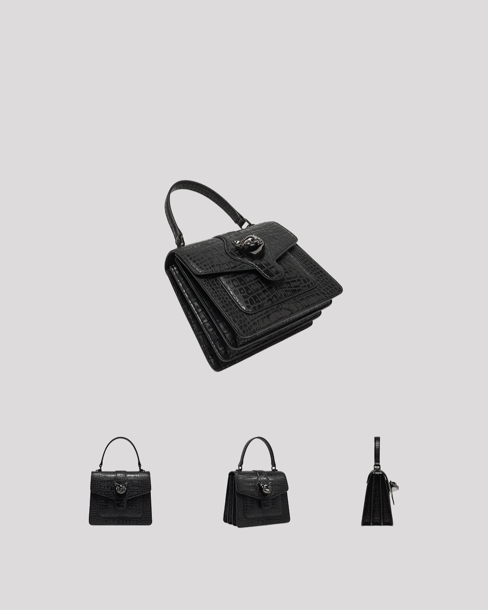 Multiple angles of black croc-embossed leather handbag by Bafelli including front, side, and top views