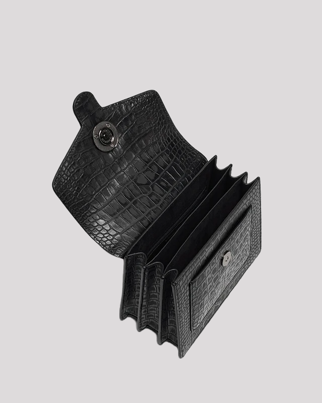 Open black croc-embossed leather handbag by Bafelli showing multiple compartments and organized interior