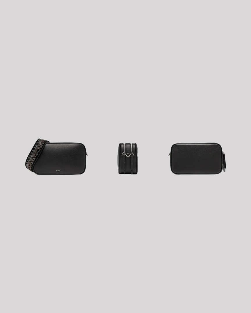 Multiple views of black leather crossbody bag by Bafelli including front, side, and back with detachable strap