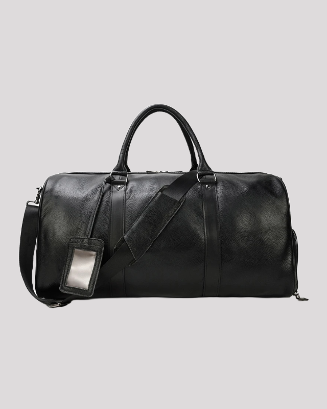 Black leather travel duffel bag with silver hardware – front view