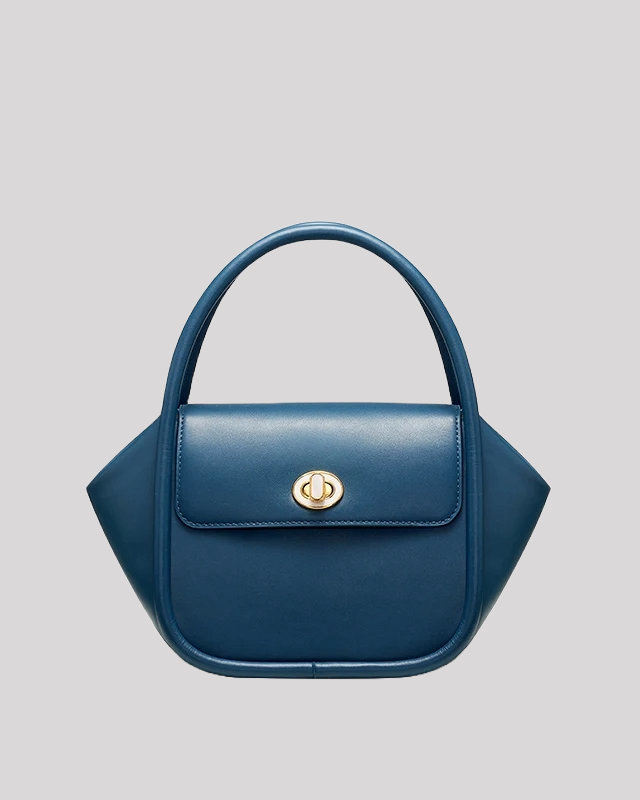 Front view of blue structured top handle bag by Bafelli with gold turn-lock closure and smooth leather finish