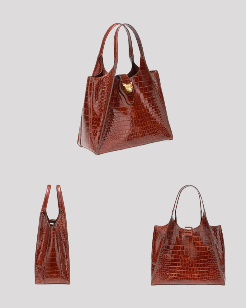 Multiple angles of brown croc-embossed tote bag by Bafelli with gold cat clasp showing side, front, and back