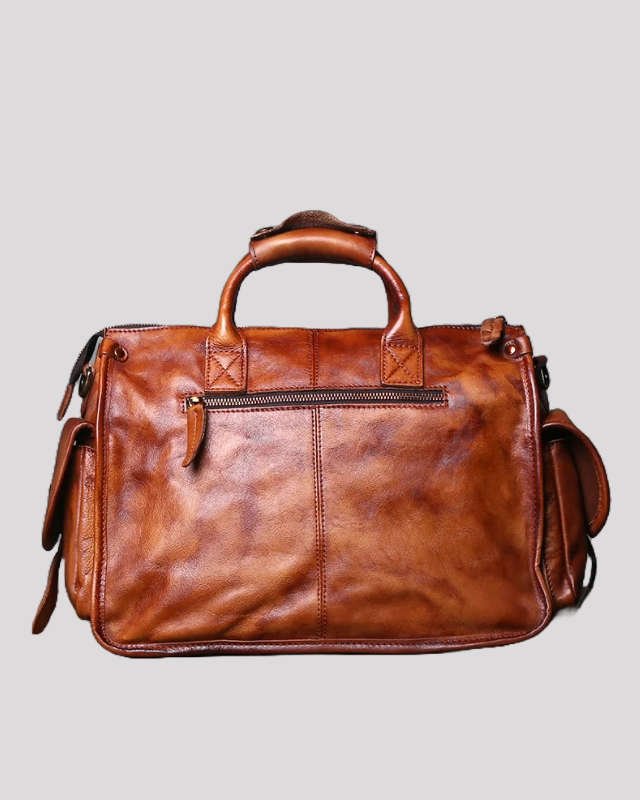 Back view of brown vintage leather messenger bag with zippered pocket and smooth leather texture