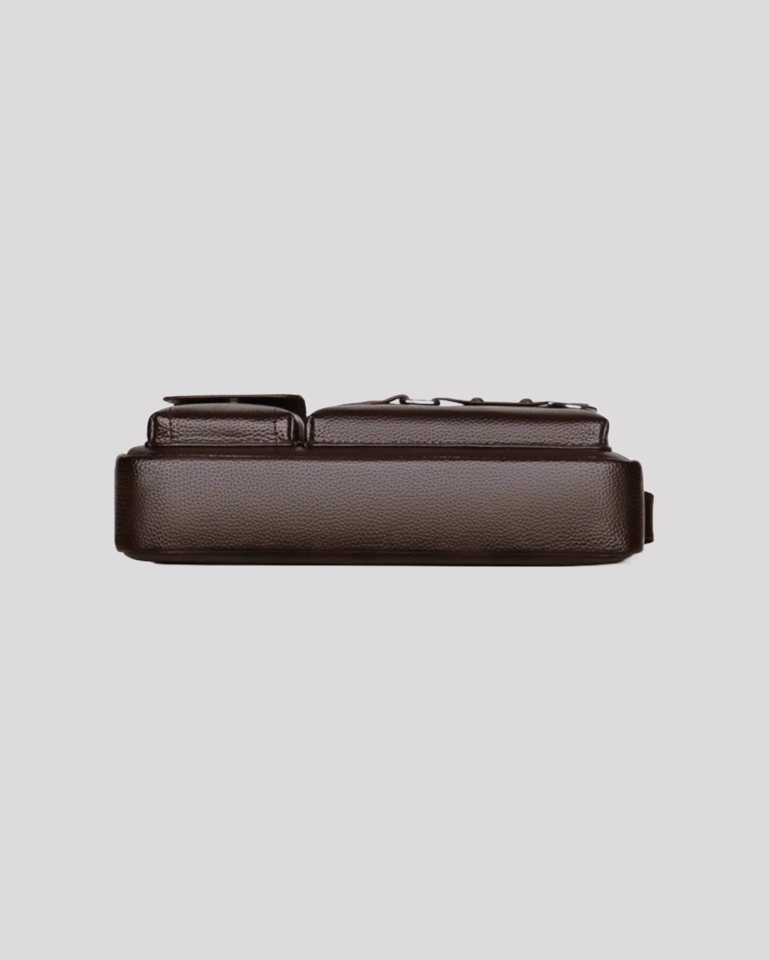 Bottom view of coffee brown leather messenger bag – sturdy leather base