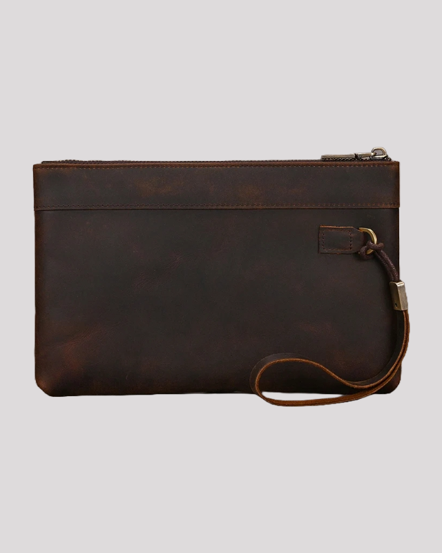 Dark brown leather clutch bag with wrist strap – back view