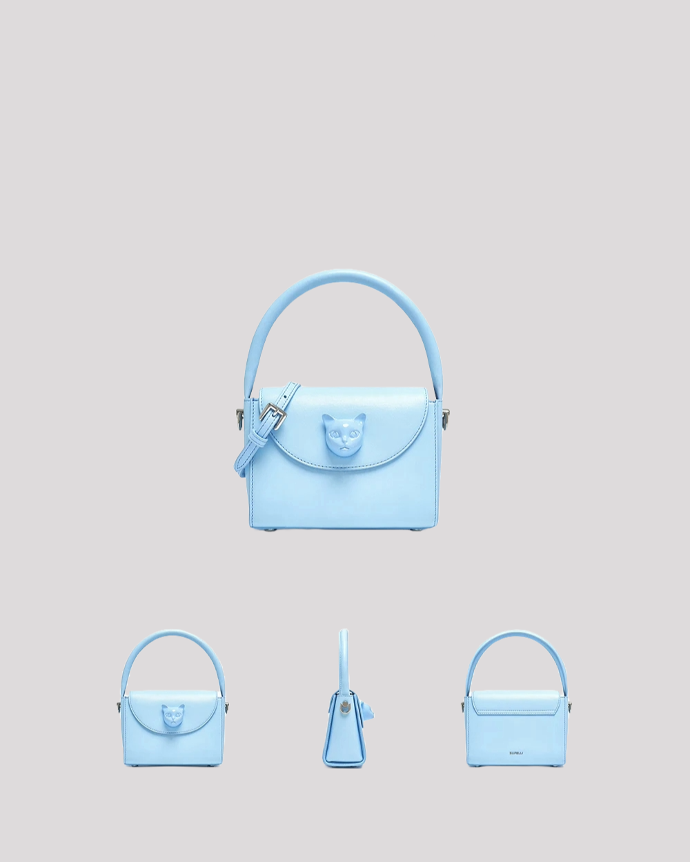Multi-angle view of light blue cat handbag by Bafelli – front, side, back, and angled perspectives