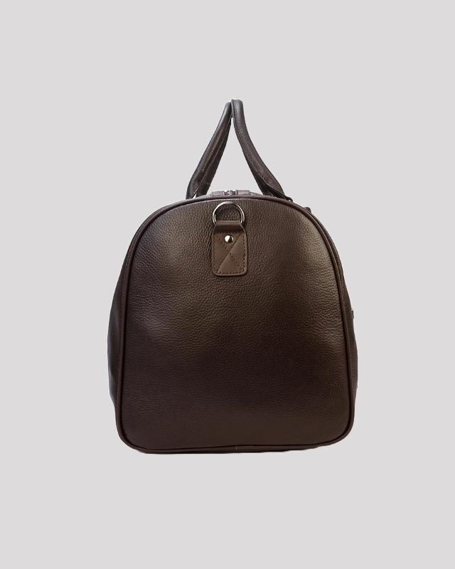 Men’s brown leather duffle bag – side profile view